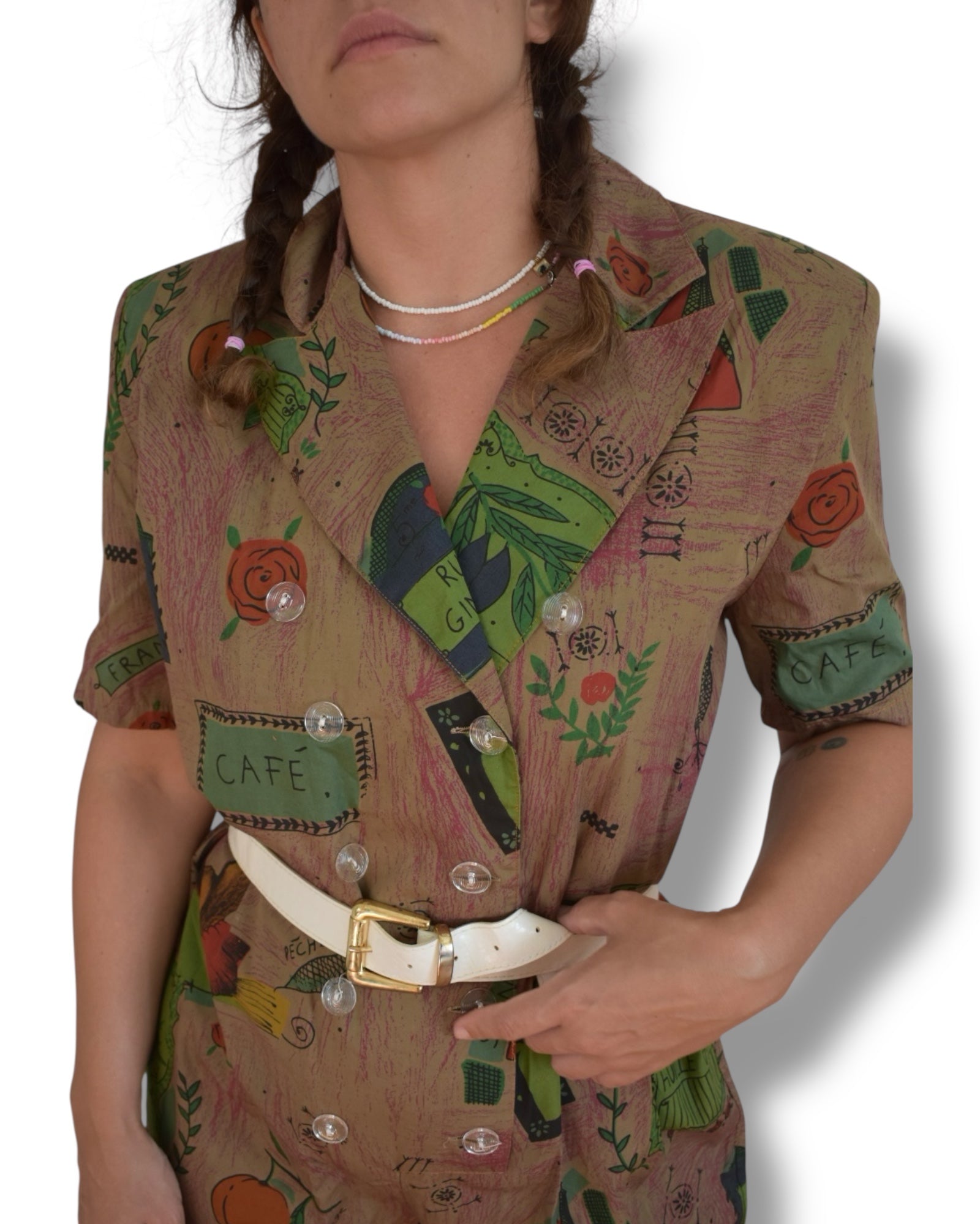 Vintage 80s Printed Jumpsuit – Oversized, Cotton, Shoulder Pads