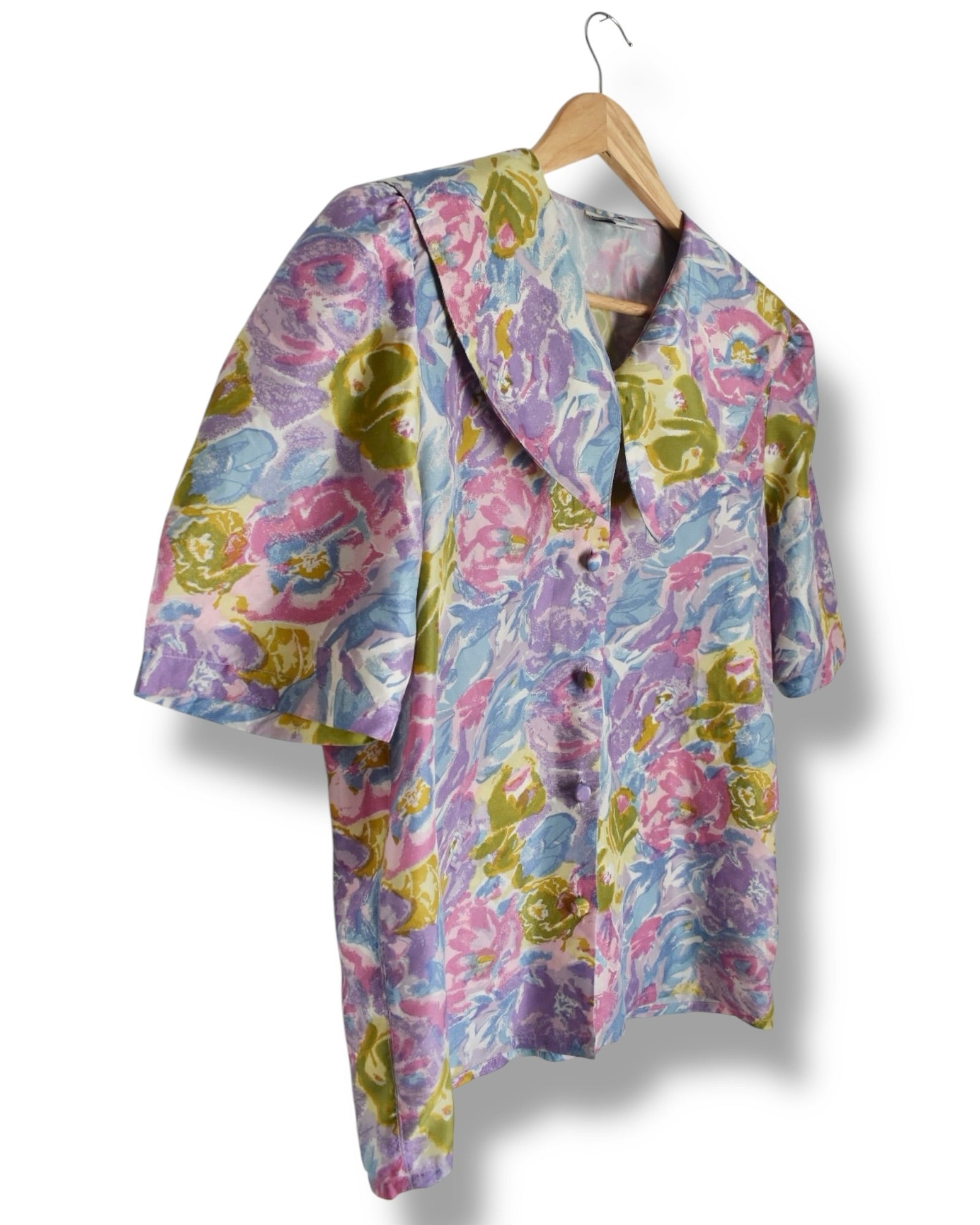 Vintage 1980s Silk Floral Blouse with Oversized Collar