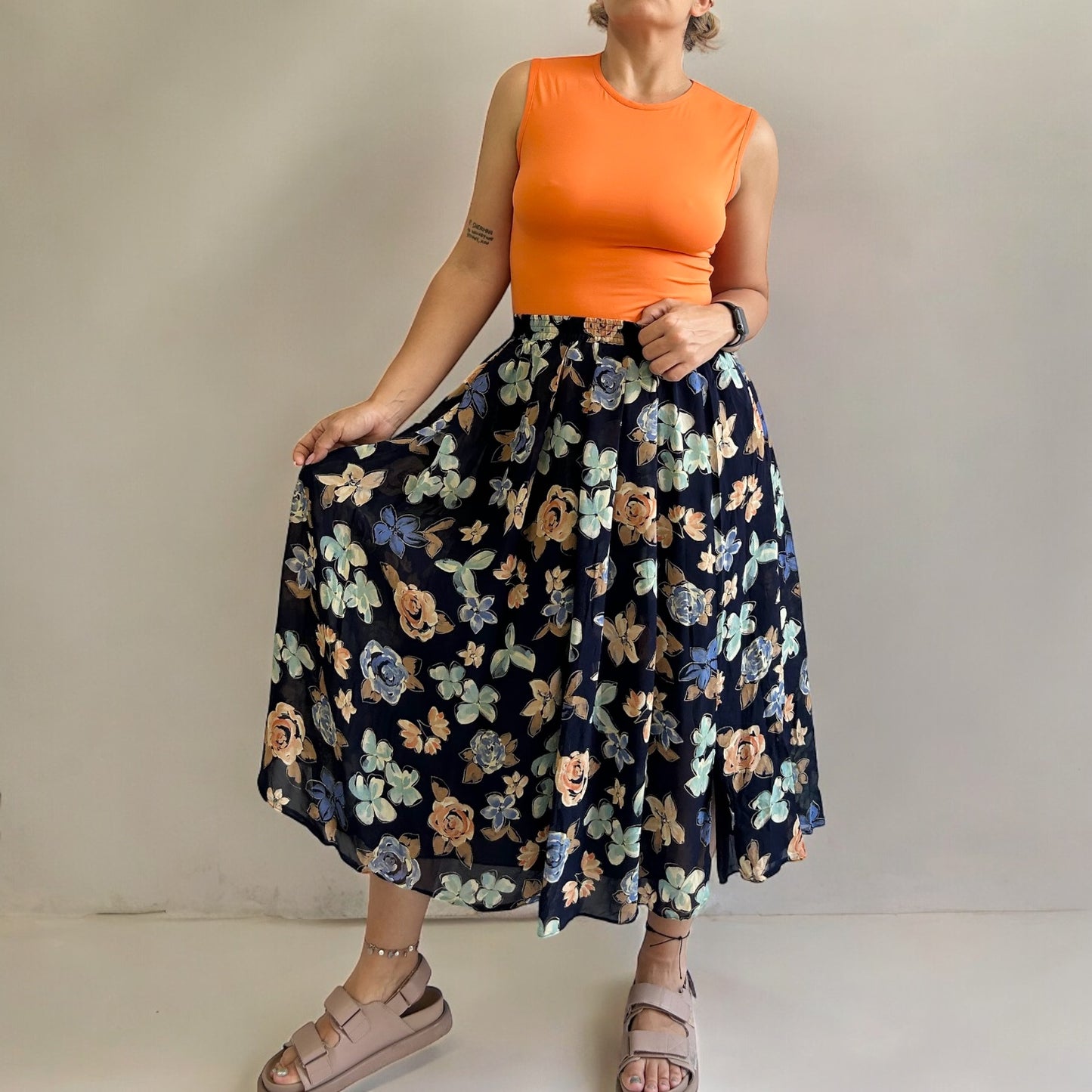 Vintage Pleated Floral Midi Skirt