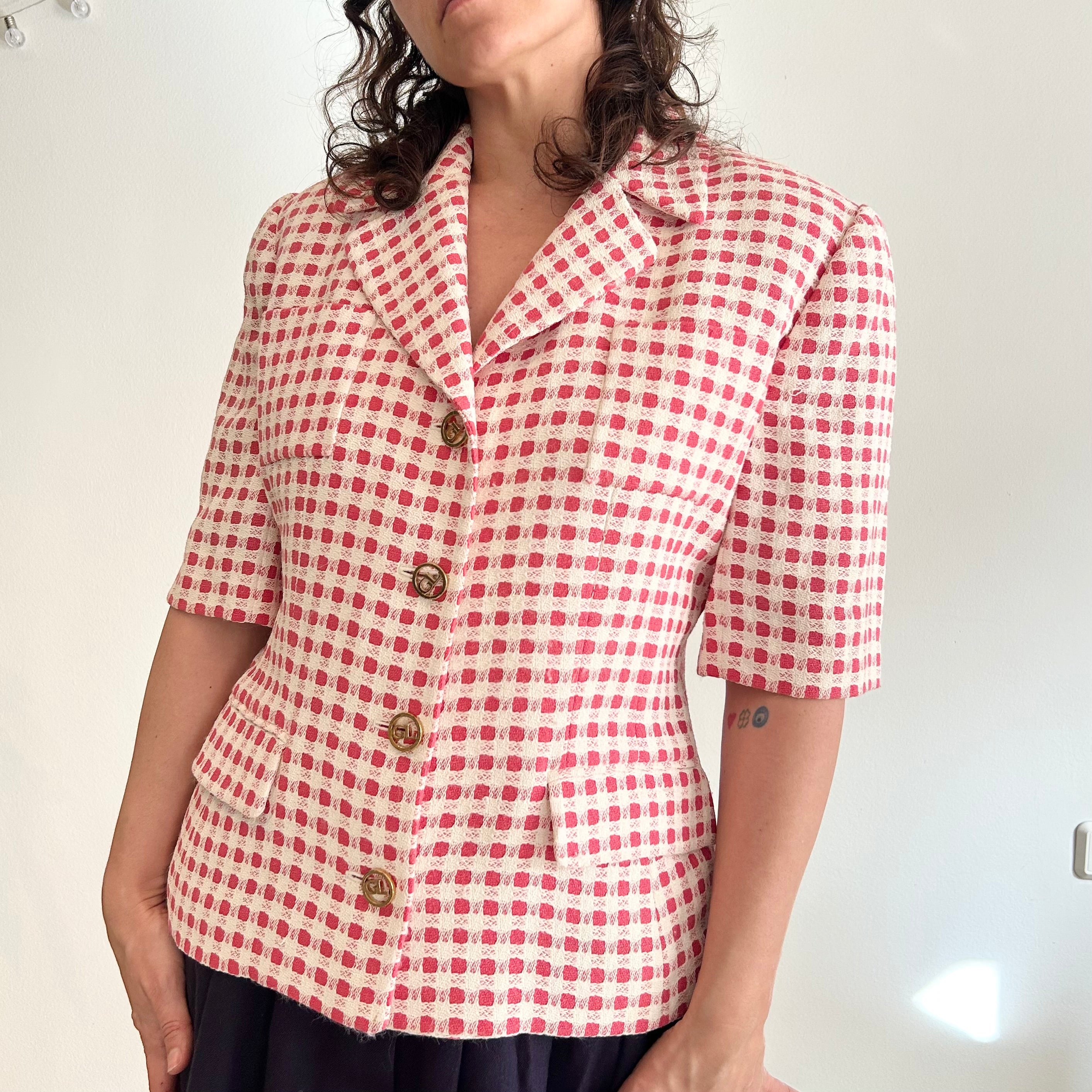 Guy Laroche Paris – Vintage Textured Gingham Short-Sleeve Blazer
