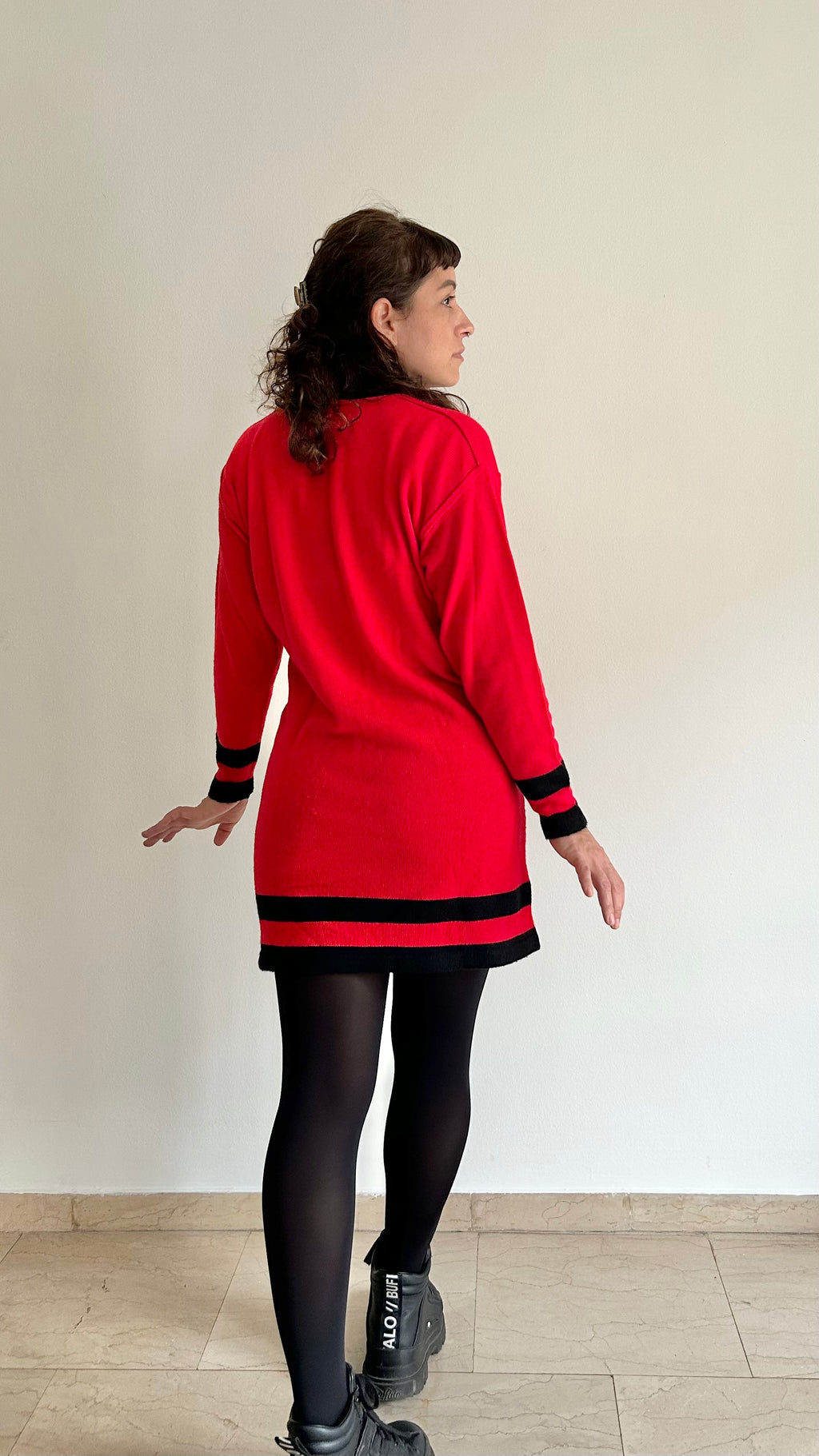 Vintage Red Knit Mini Dress with Black Details