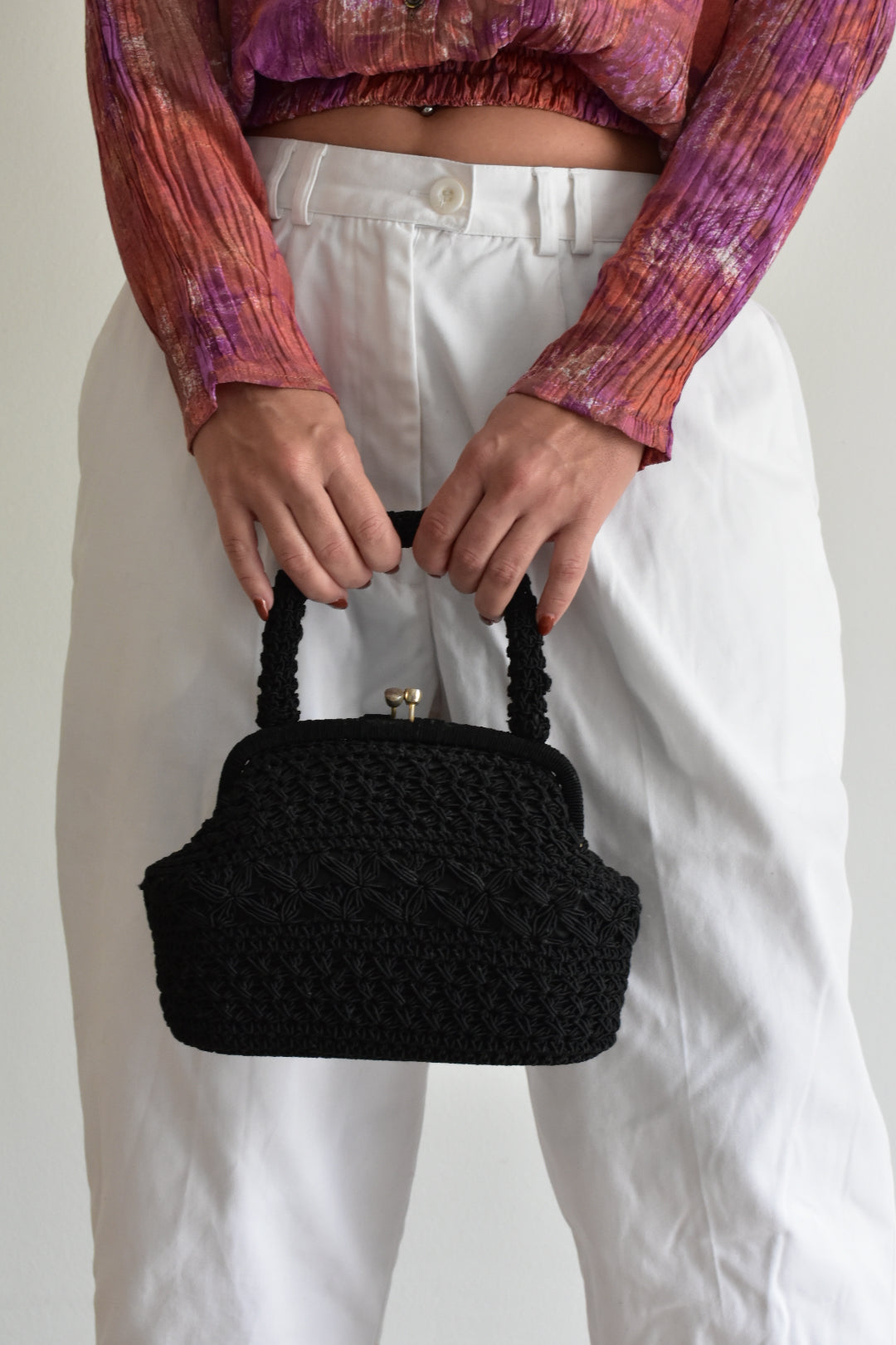 Vintage Black Macramé Handbag – 1950s/60s