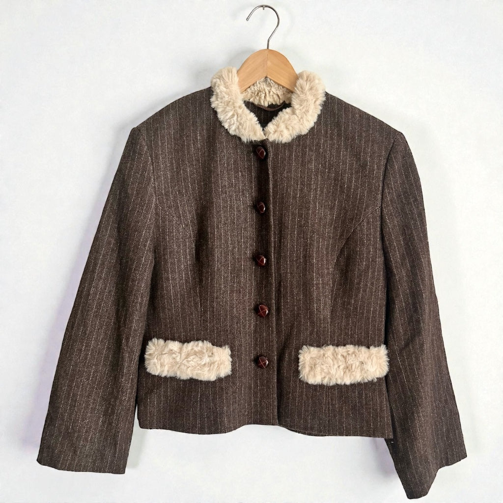 90s Wool Blend Pinstripe Jacket - Faux-Fur Accents