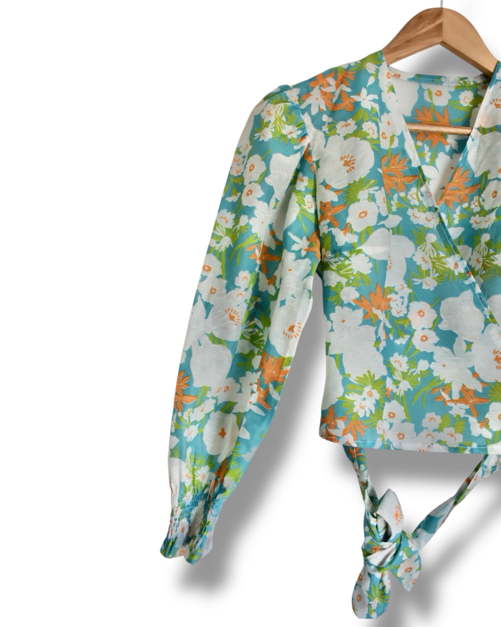 Vintage Handmade Wrap Blouse – Long Sleeve, Floral Print