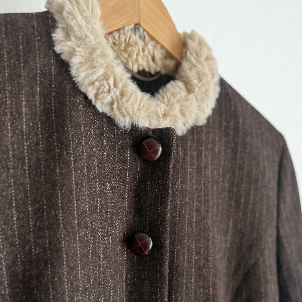 90s Wool Blend Pinstripe Jacket - Faux-Fur Accents