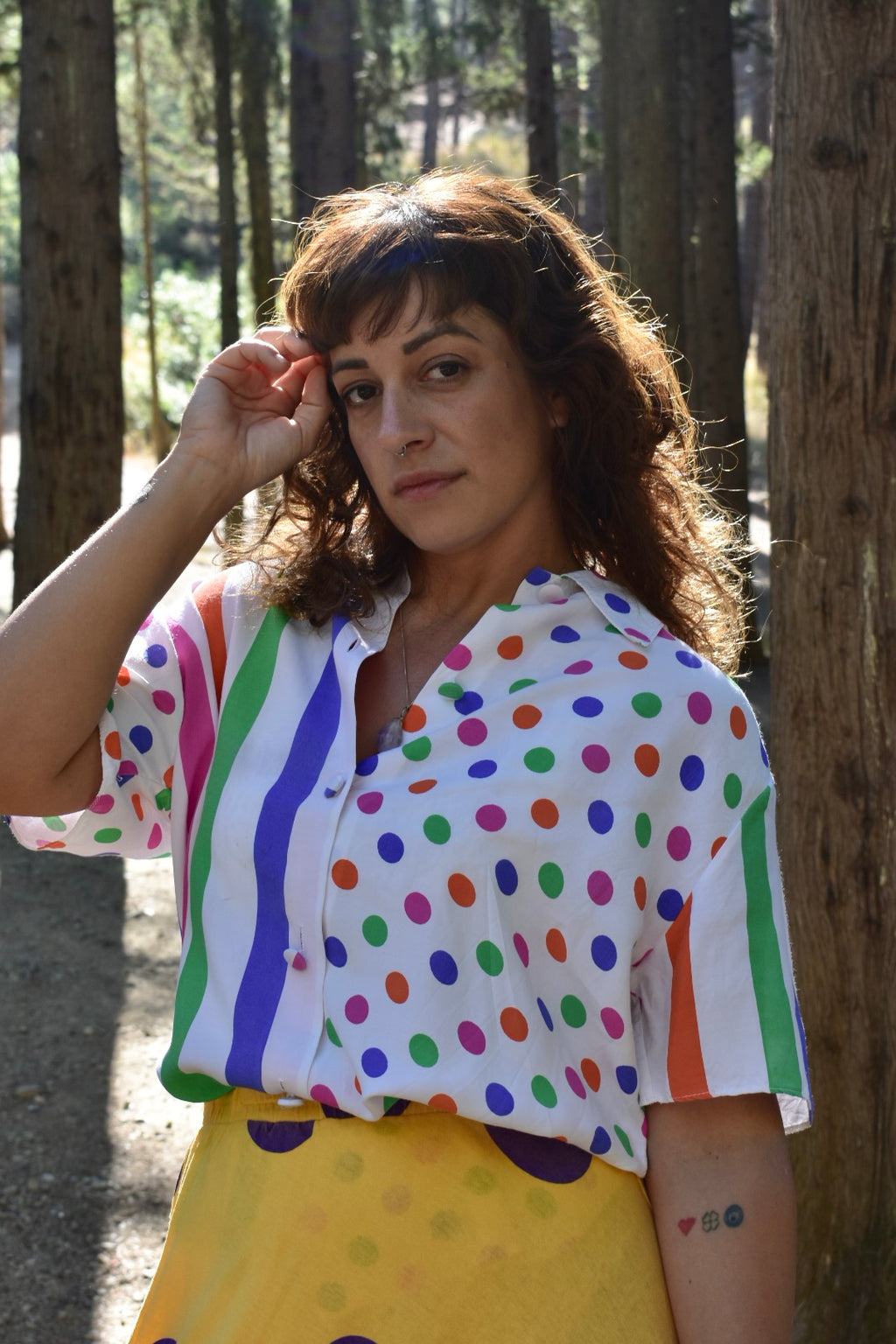 Short-Sleeve Button-Up Shirt with Colorful Stripes & Polka Dots