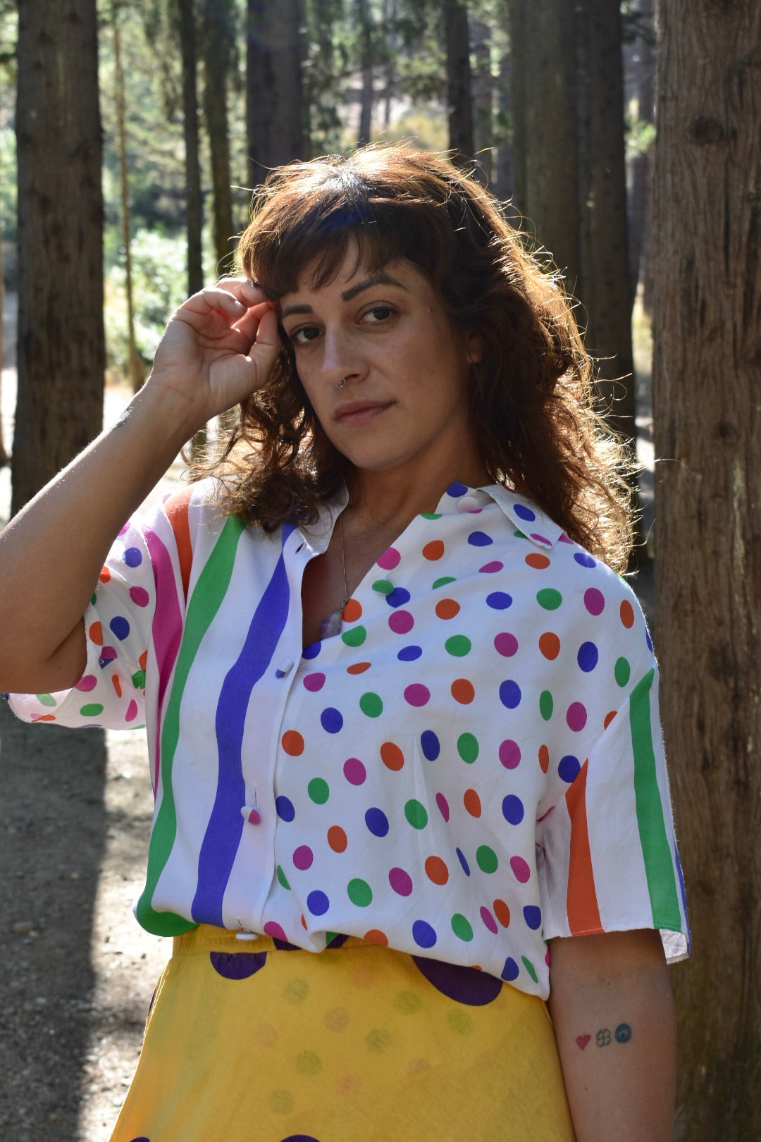 Short-Sleeve Button-Up Shirt with Colorful Stripes & Polka Dots