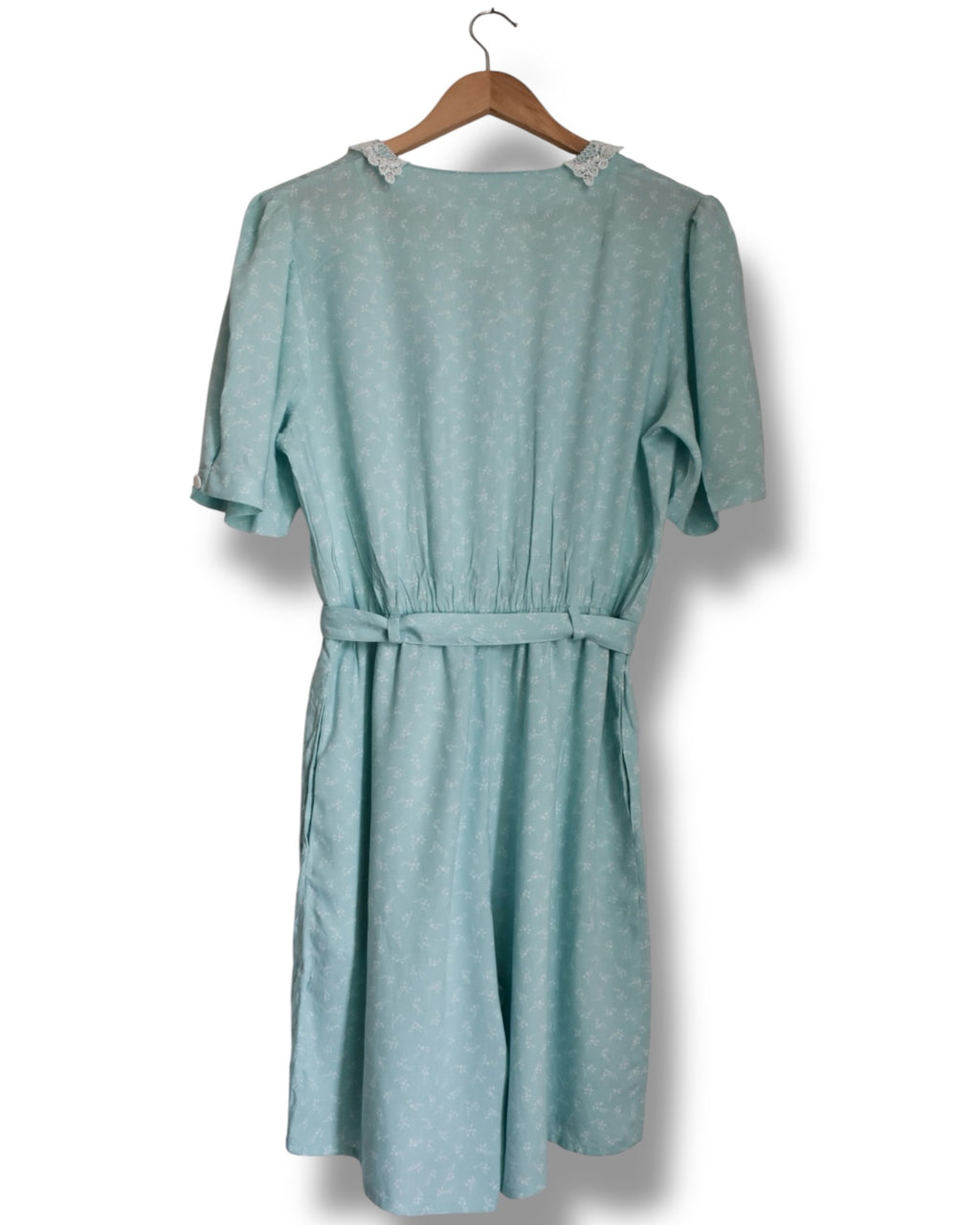 Vintage Aqua Green Viscose Jumpsuit with Lace Collar and Tiny White Floral Print
