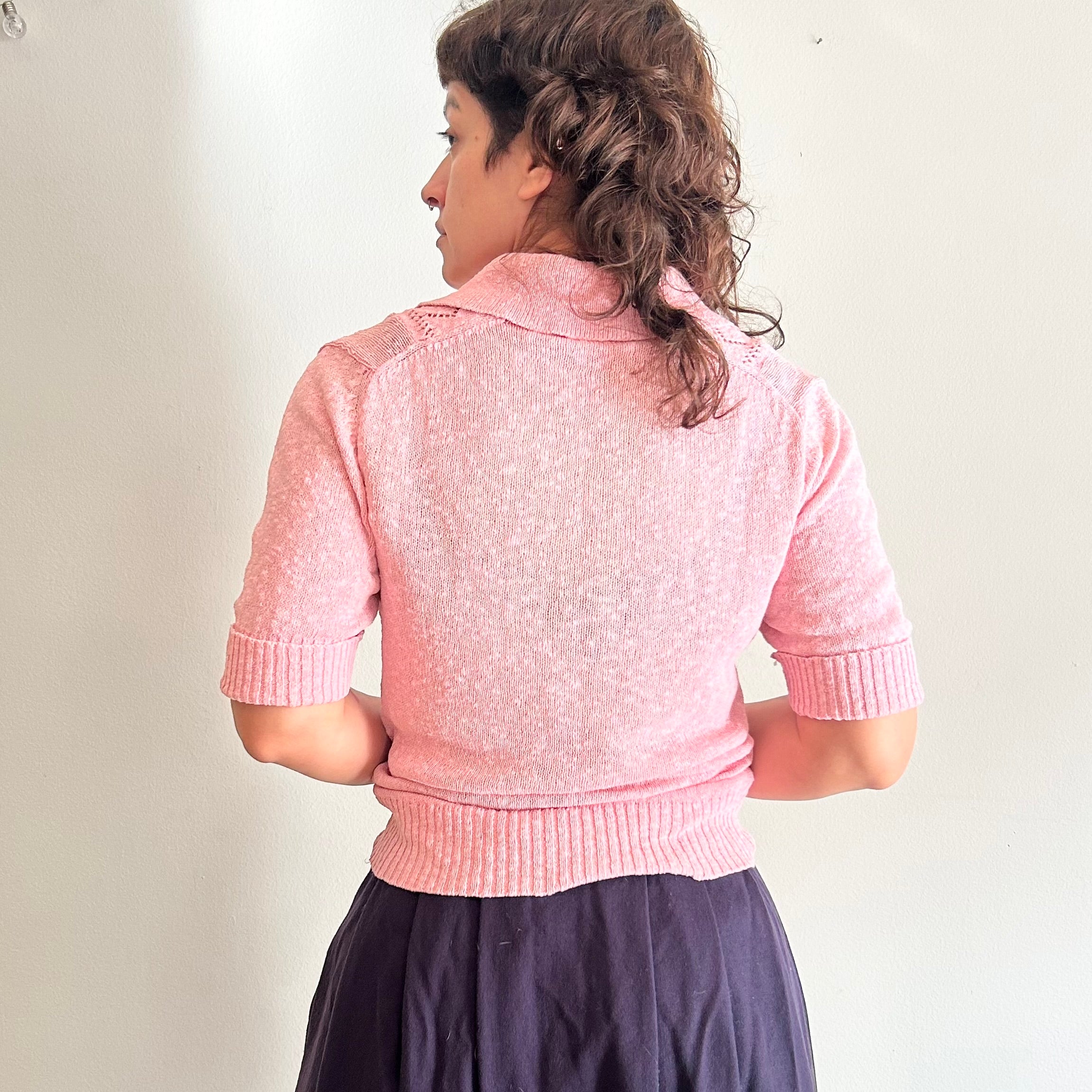 Vintage Romantic Pointelle Knit – Dusty Pink Polo Sweater