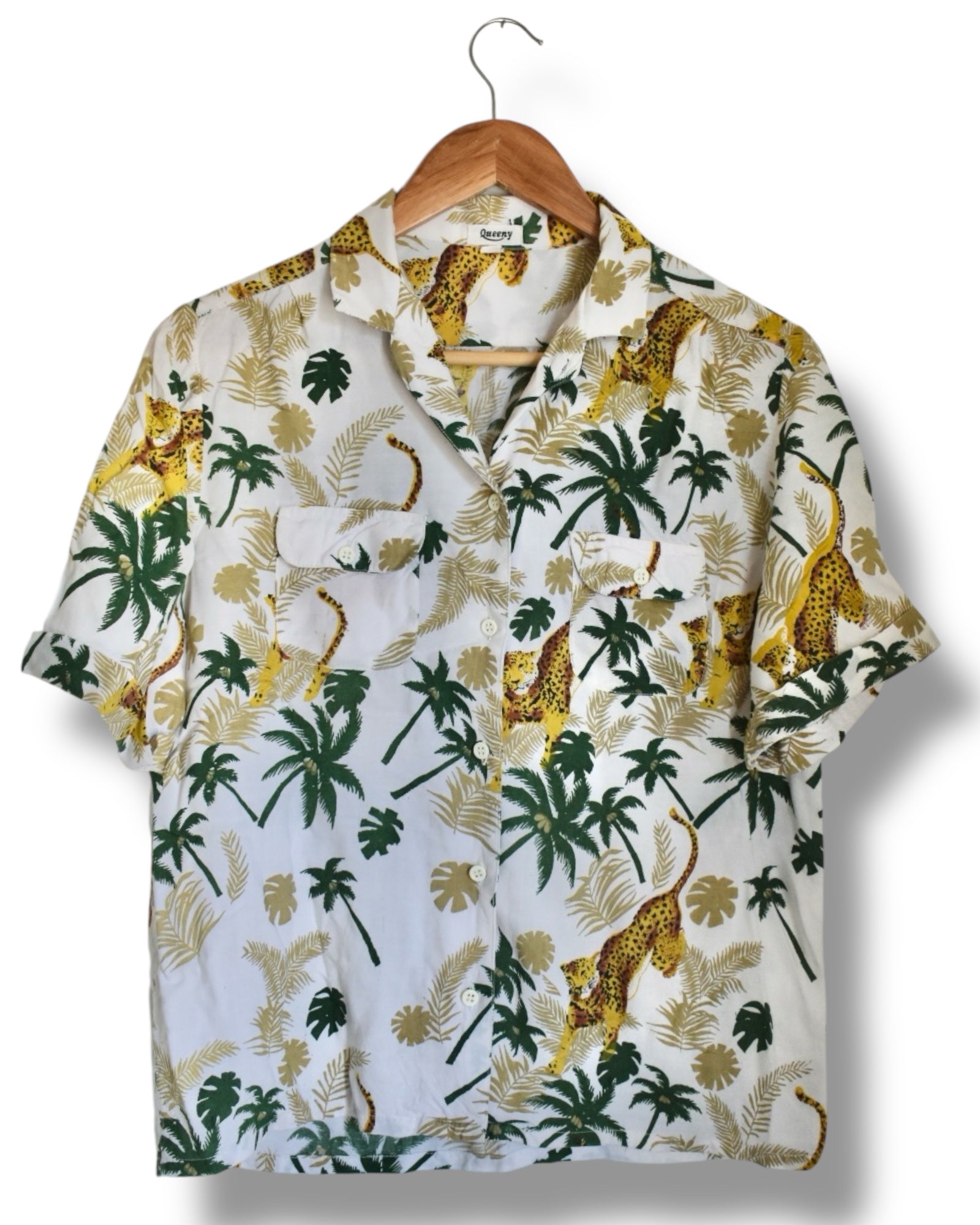 Vintage Cropped Button-Up Shirt with Tropical Leopard Print