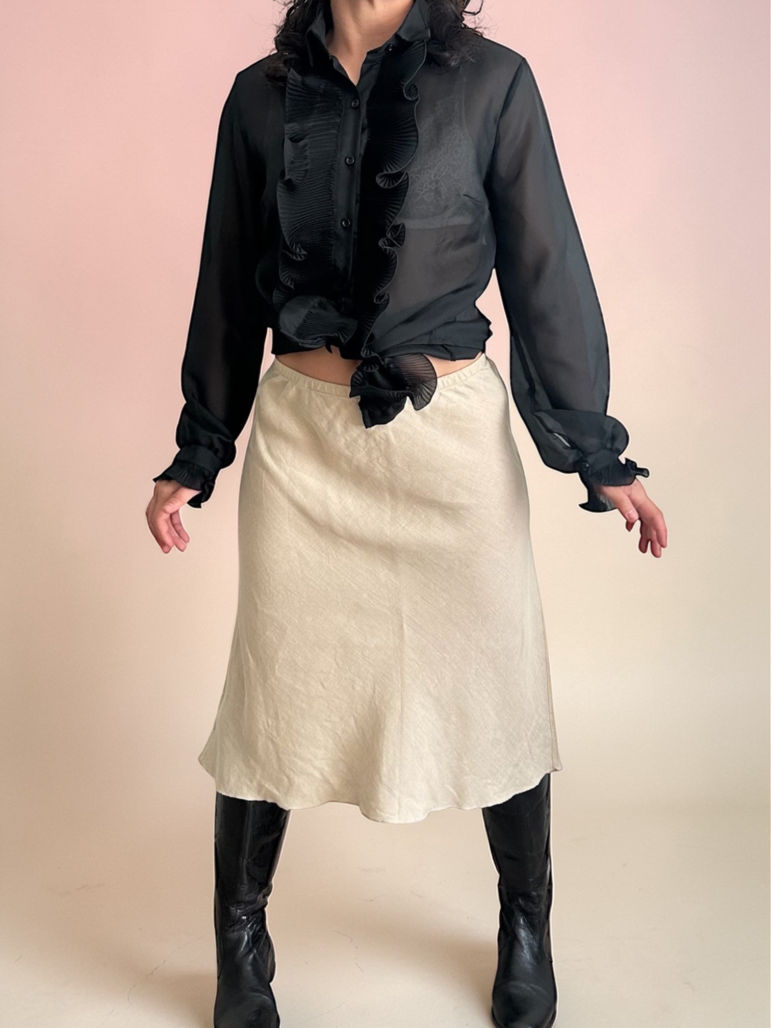 Vintage Sheer Pleated Ruffle Blouse