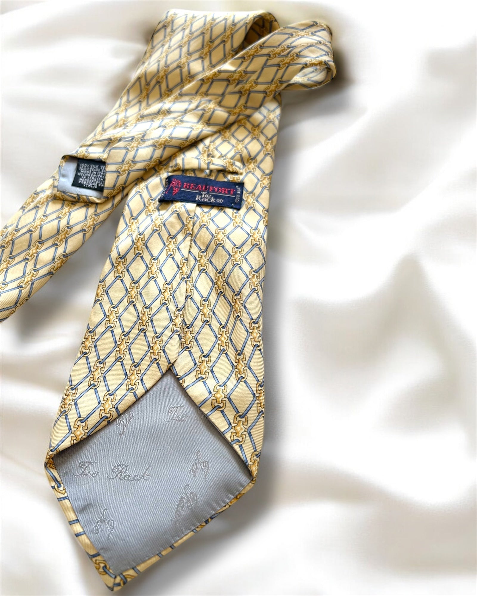 Vintage 1980s Beaufort for Tie Rack Silk Tie – Made in Italy – Chain Pattern in Gold & Blue on Beige