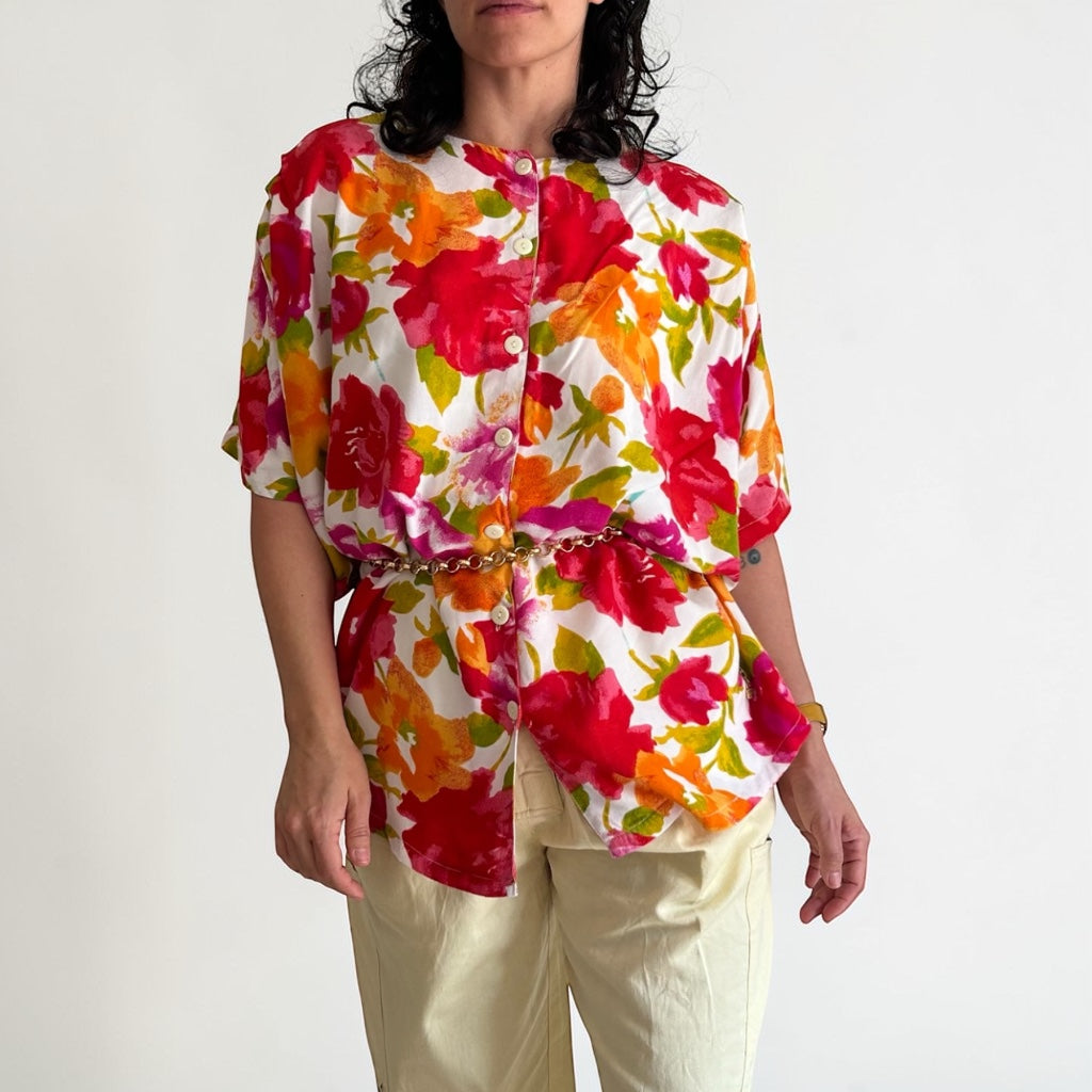 80s Multicolored Floral Short Sleeve Shirt • 100% Viscose • Plus Size