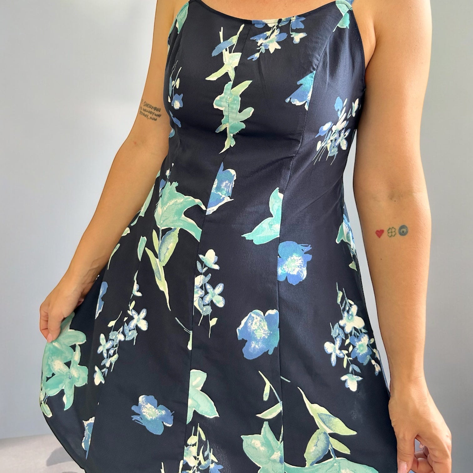 Vintage Handmade Dark Blue Floral Mini Dress