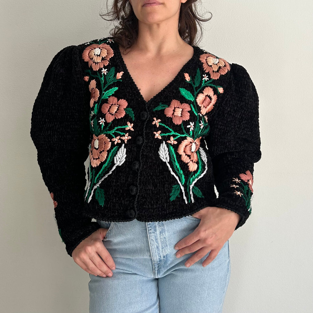 Handmade Black Chenille Floral Cardigan