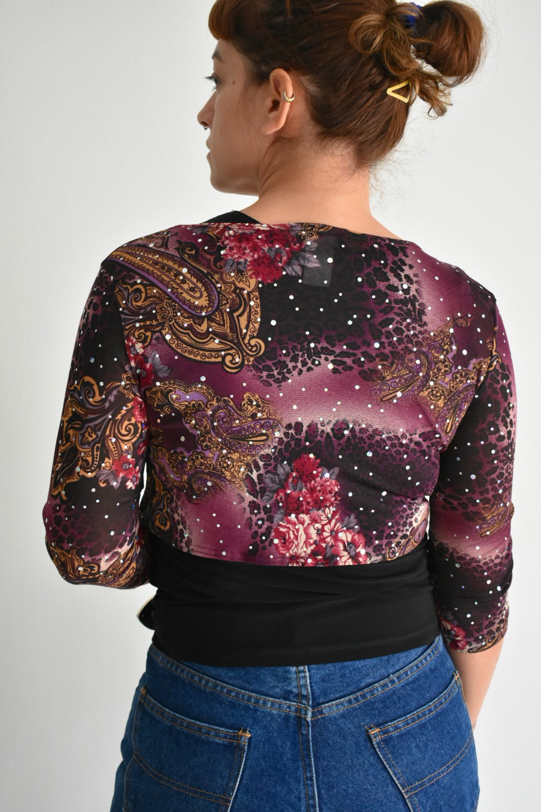 Y2K Black Sleeveless Top with Sheer Printed Bolero