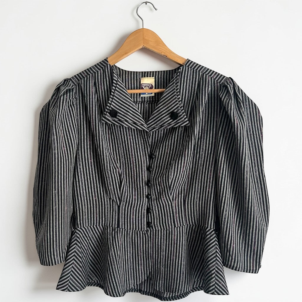Vintage 80s Striped Peplum Blouse • Puff Sleeves • Metallic Sparkle