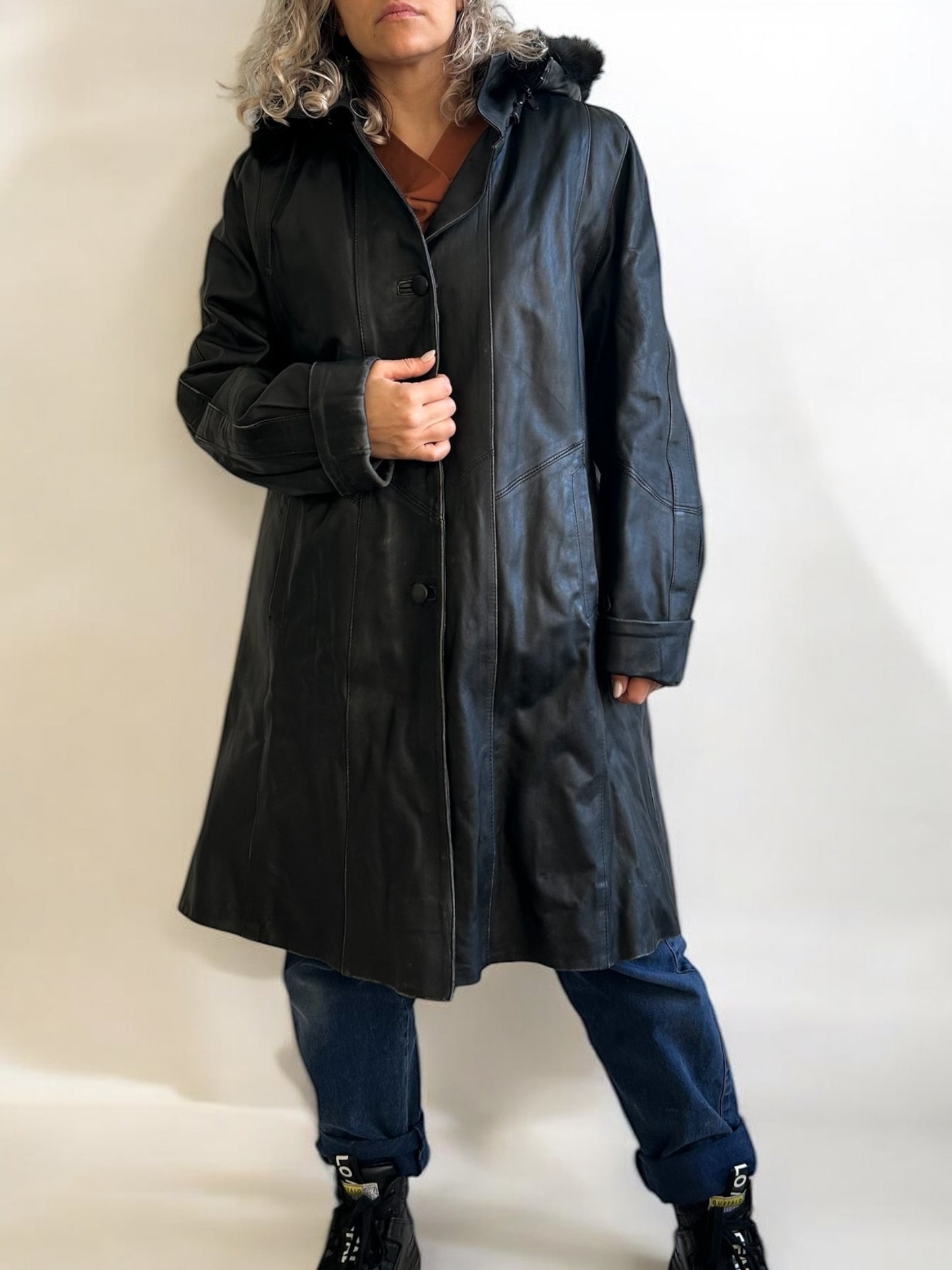 Vintage Leather Hooded Coat (Removable Hood and Warmer)