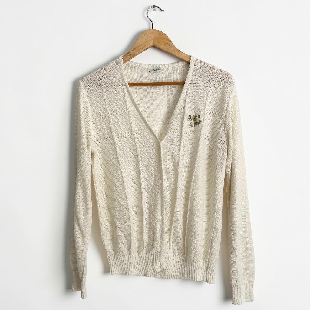 Vintage Italian Knit Cardigan • Delicate Floral Embroidery