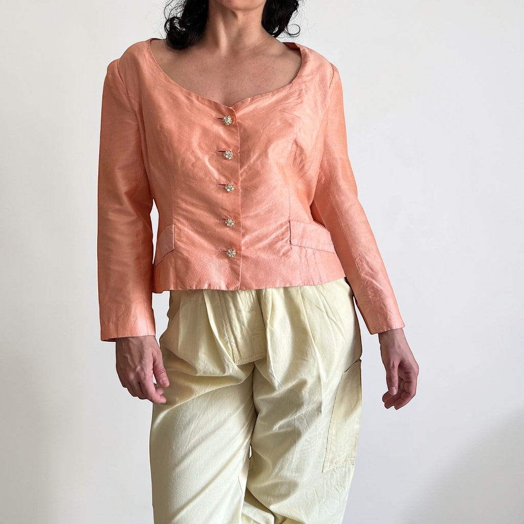 Vintage 80s Raw Silk Jacket with Rhinestone Buttons