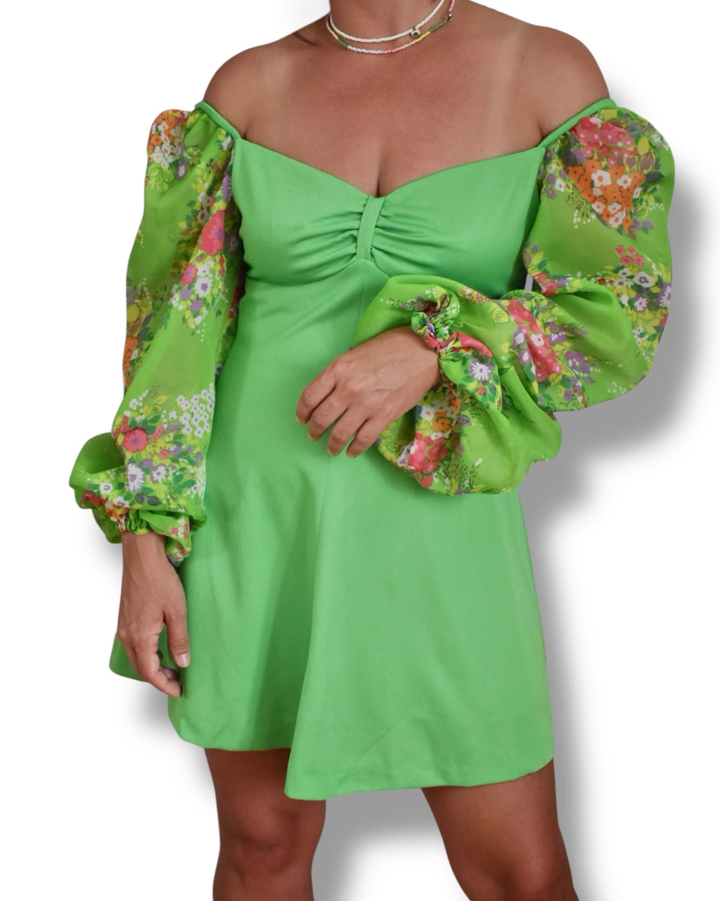 Vintage 1970s Green Mini Dress with Puffy Floral Sleeves